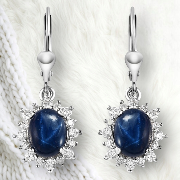 Zales Jewelry - NWT THAI BLUE STAR SAPPHIRE & MOISSANITE PLATINUM OVER STERLING SILVER EARRINGS